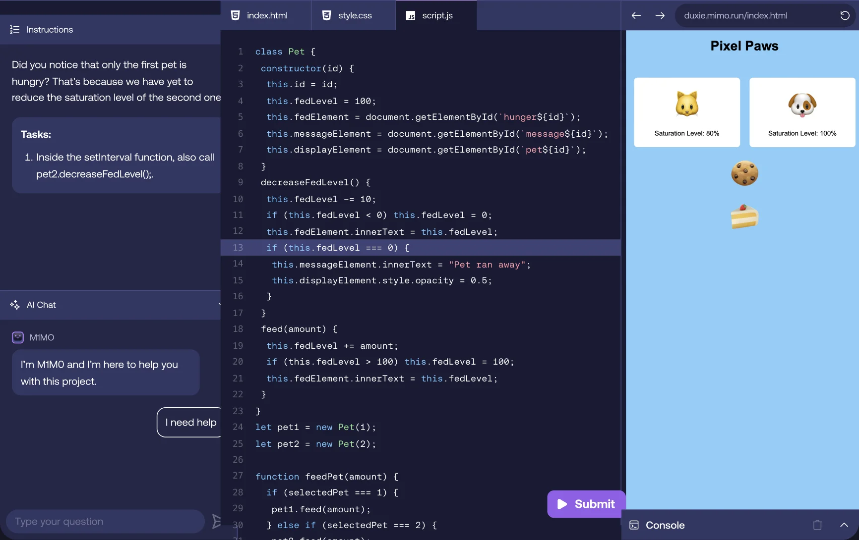 A project on the Mimo web platform, with its instructions, code editor and browser preview.