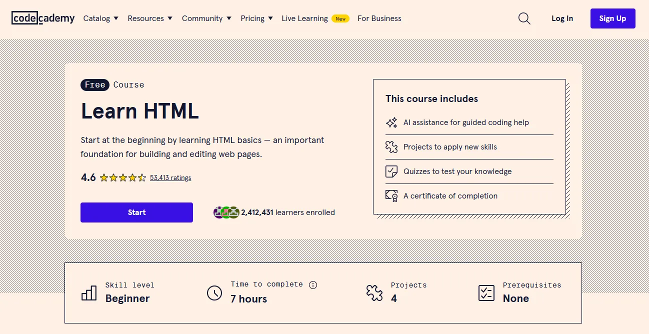 Codecademy HTML course