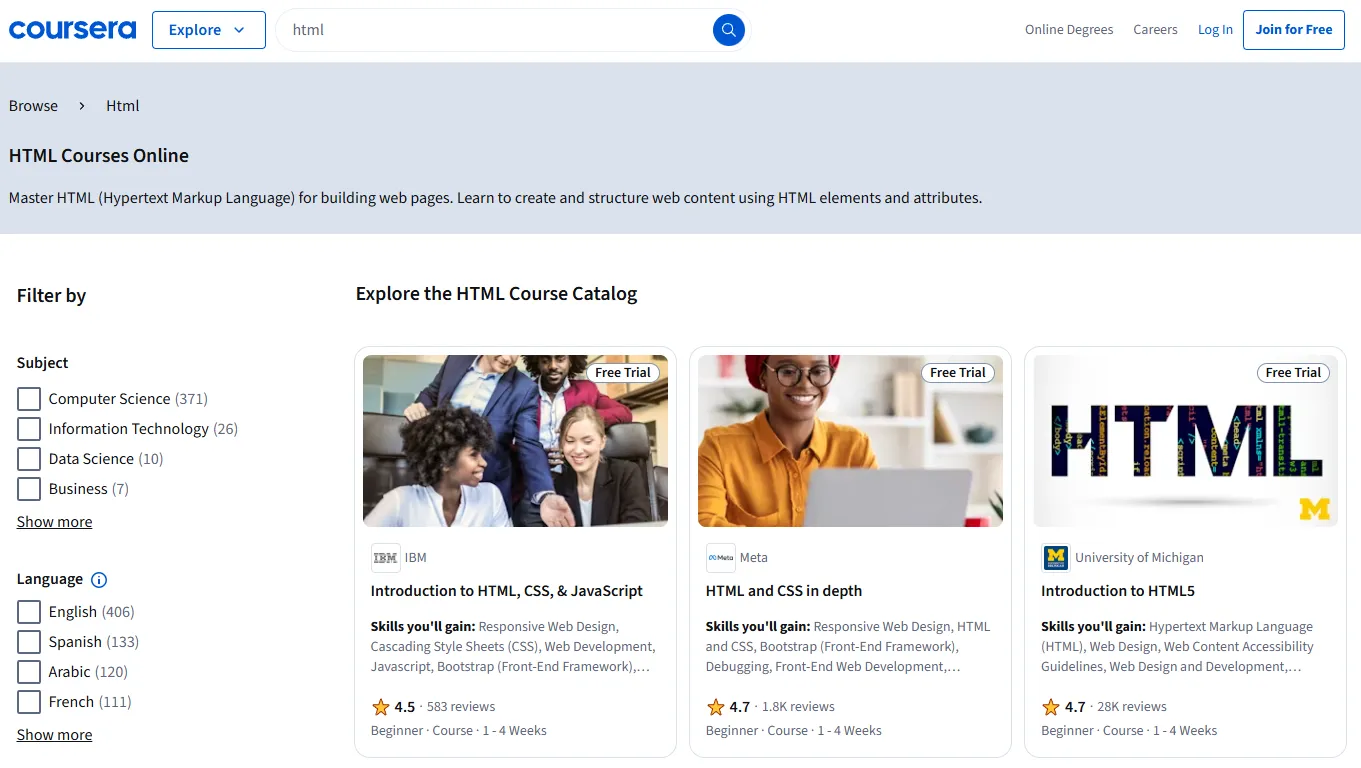 Coursera Free HTML courses