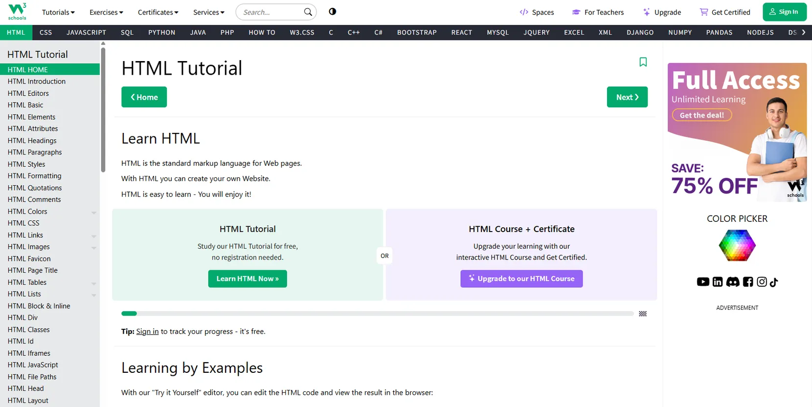 W3Schools HTML tutorial