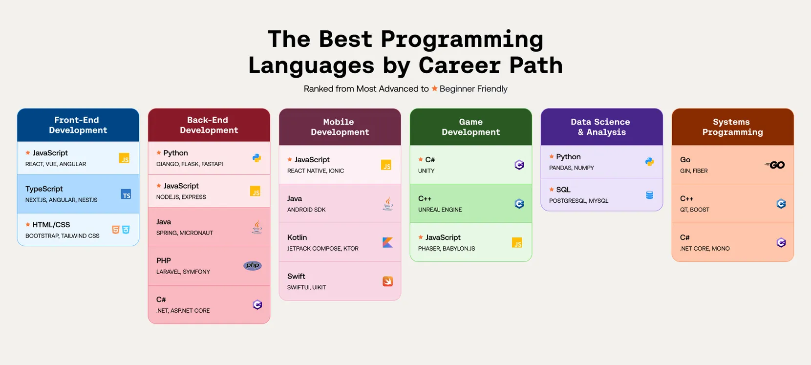 Best Programming Languages by Career Path infographic