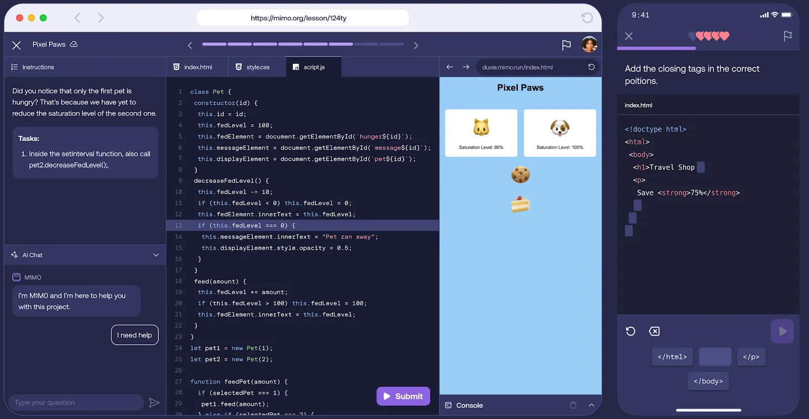 Interactive coding platform with lessons, code editor, output preview, and mobile exercise section