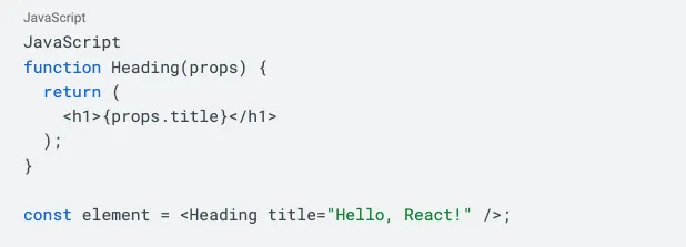 React code defining a Heading component and rendering 'Hello, React!' as its title