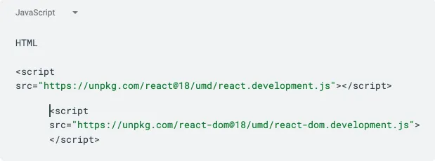 HTML code snippet linking React and React DOM using script tags from a CDN