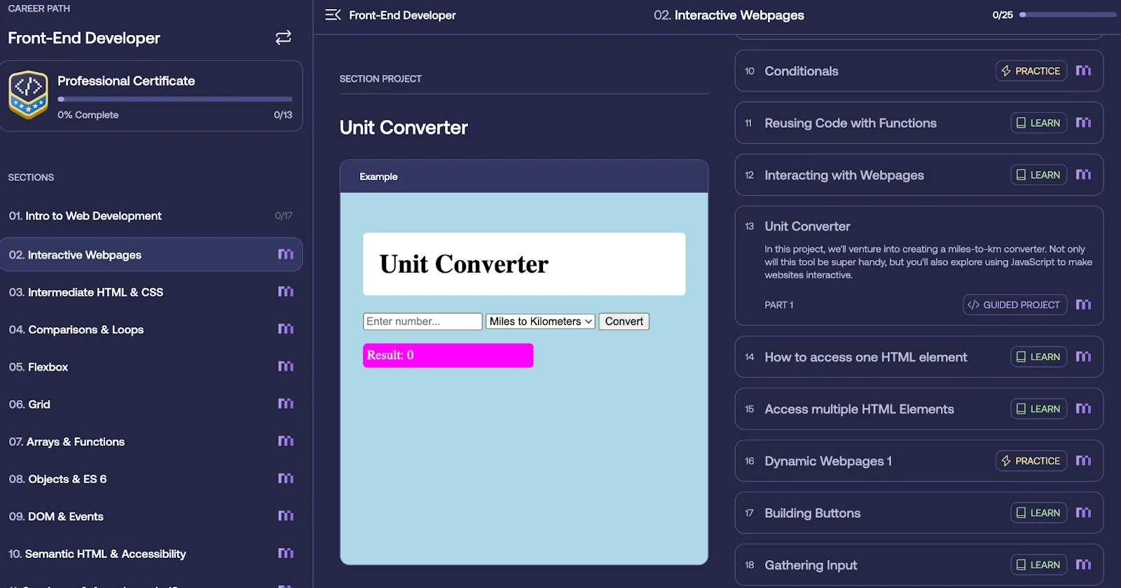Front-end developer course: interactive webpage unit converter project with lessons and exercises.
