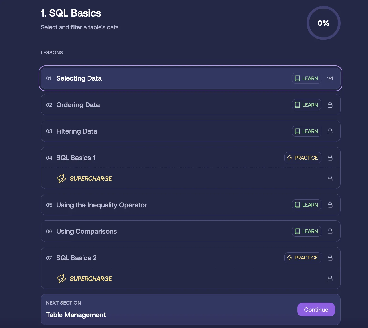 SQL basics section of the Mimo SQL course