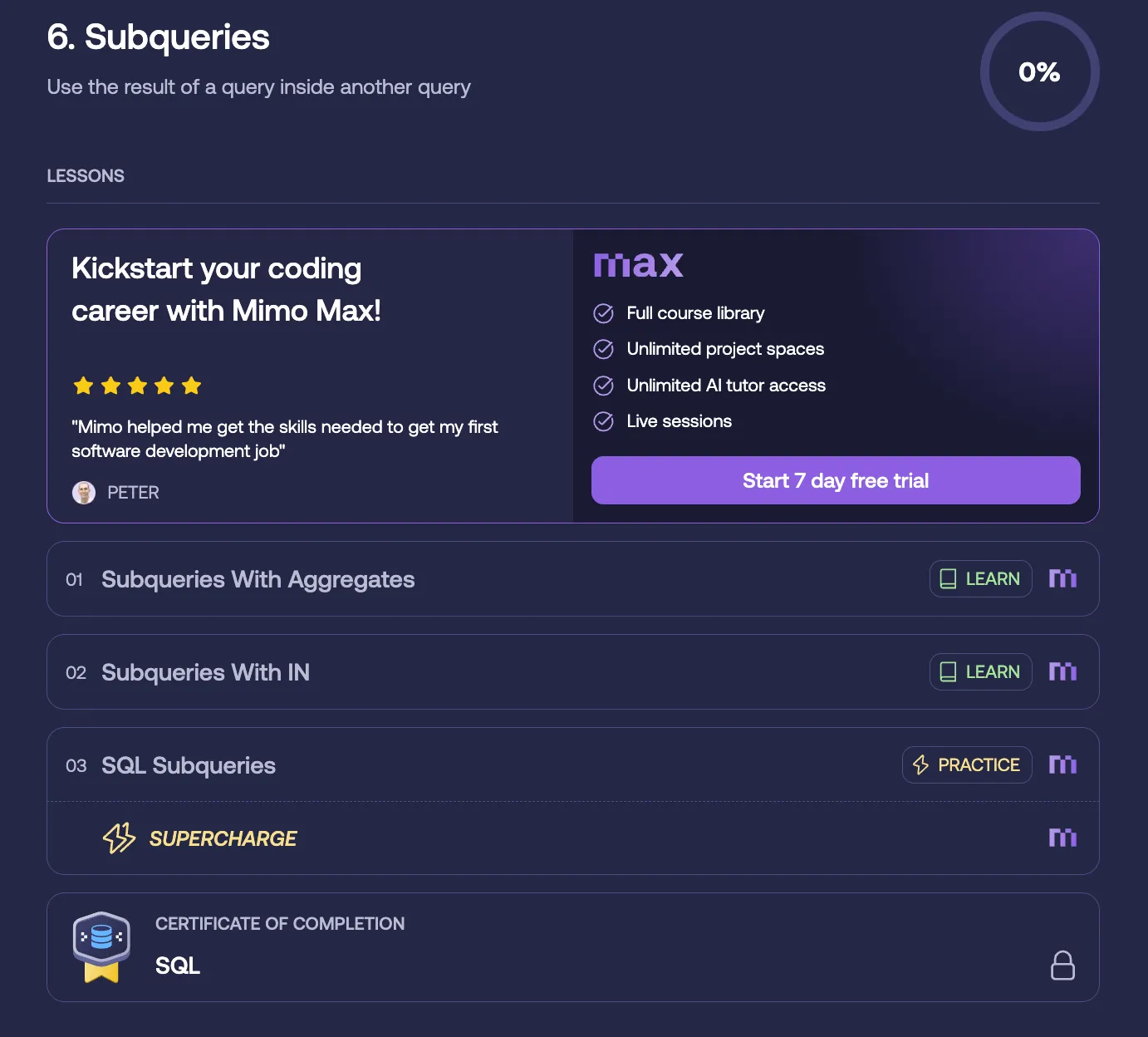 SQL subqueries section of the Mimo SQL course