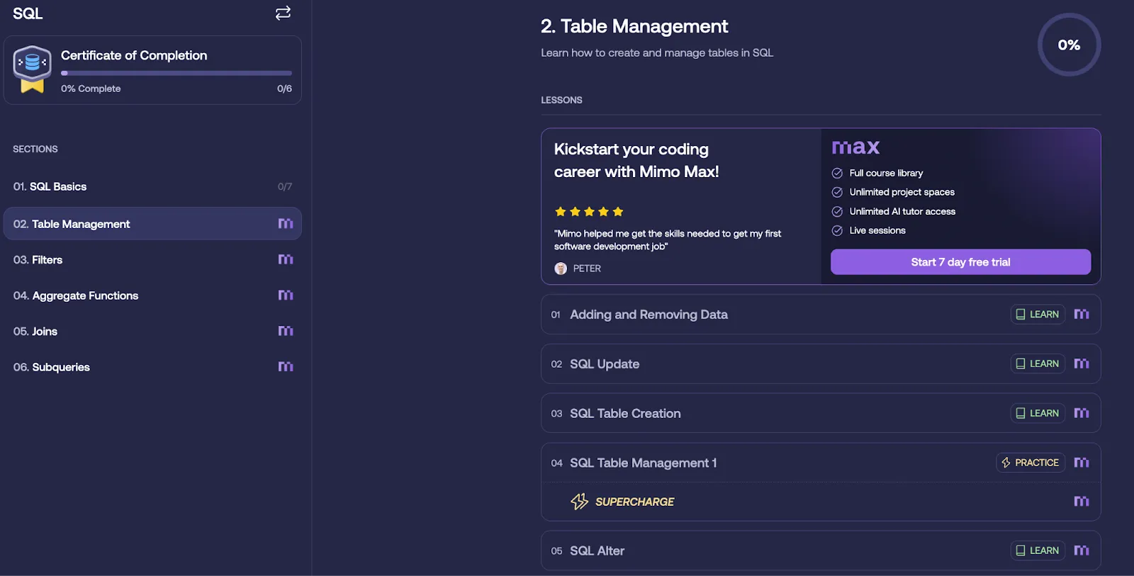 Table management section of the Mimo SQL course