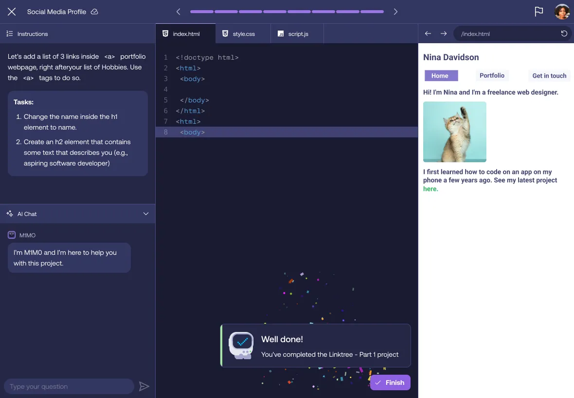 Mimo project - Social Media Profile with HTML tasks to add links and descriptions, featuring user preview.