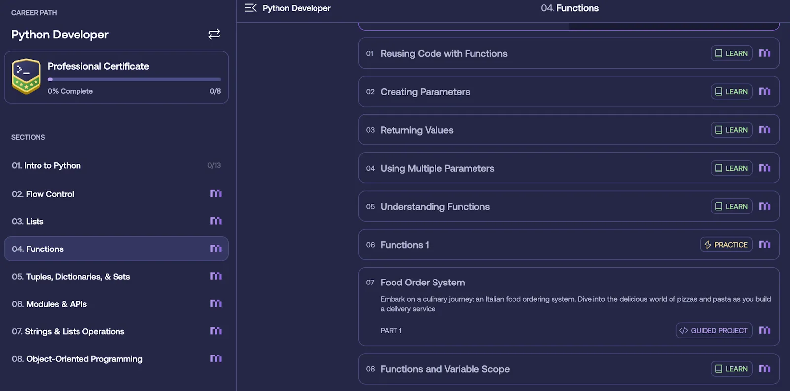 Python Developer course - lessons on functions, parameters, returning values, and a Food Order System project.