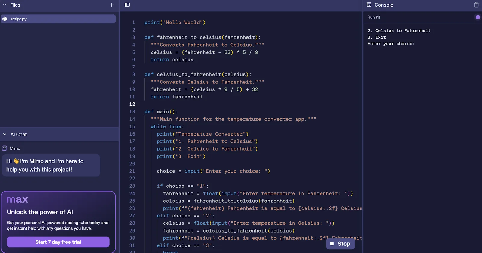 Python project - temperature converter code with functions for Fahrenheit and Celsius, shown in Mimo IDE.