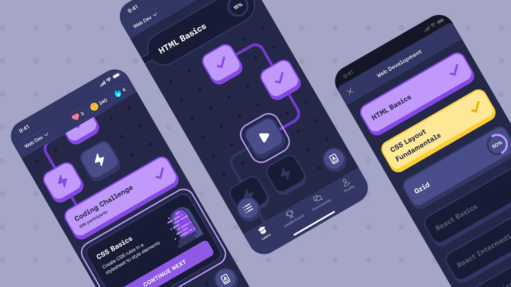 Mobile app interface showing HTML basics, CSS challenges, and coding progress tracking